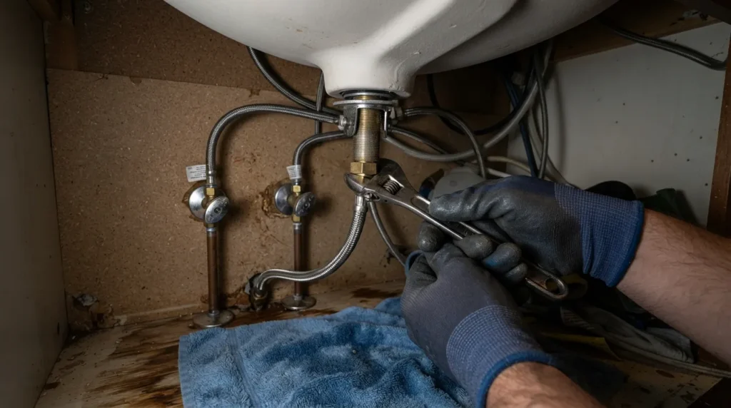 A person using an adjustable wrench to disconnect supply lines under a kitchen sink during a faucet replacement project.