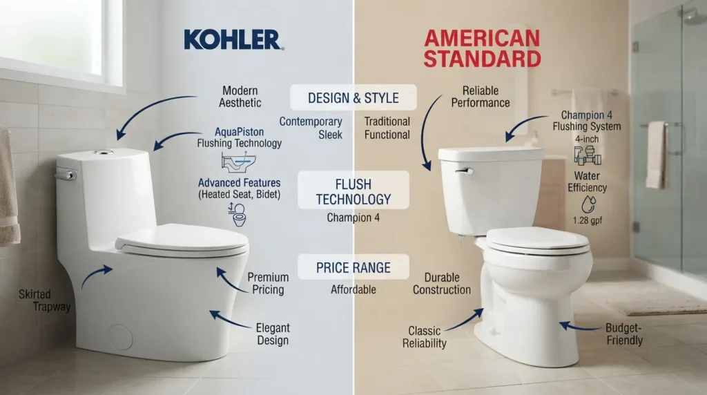 Side-by-side comparison of a Kohler toilet and an American Standard toilet in a modern bathroom, highlighting design and flushing performance.