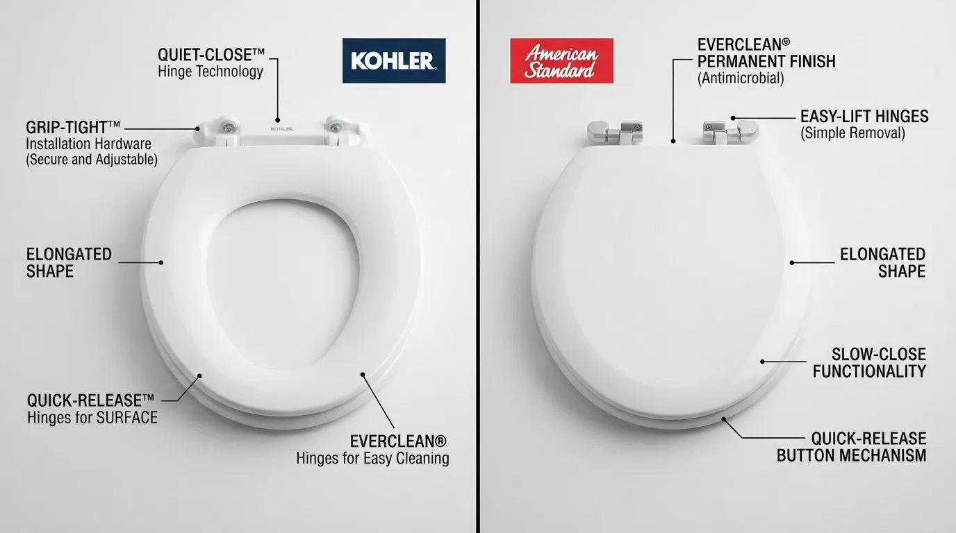 Side-by-side comparison of a Kohler toilet seat and an American Standard toilet seat, highlighting differences in hinge design, shape, and quick-release mechanisms.