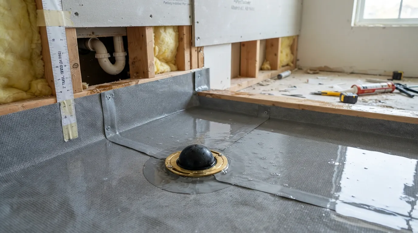 Plumber conducting a leak and flood test on newly installed shower pan liner and drainage pipes before closing up the wall and floor structure.