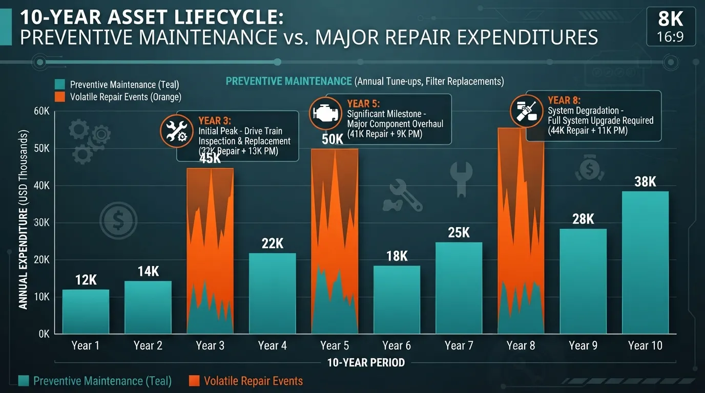 Line graph illustrating the trajectory of routine maintenance expenses versus unexpected repair costs over a 10-year timeline.