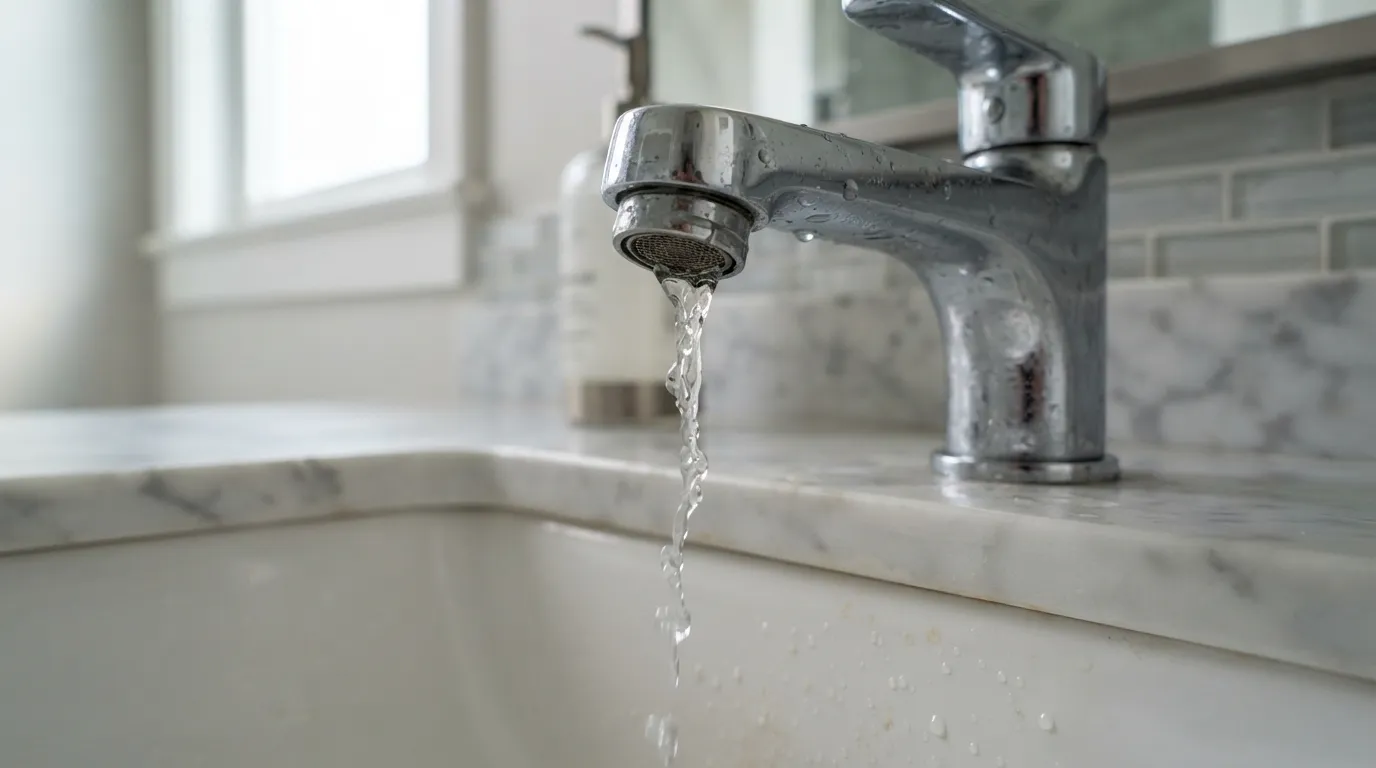 Close-up of a bathroom sink faucet showing low water pressure with a weak dribble instead of a steady stream.