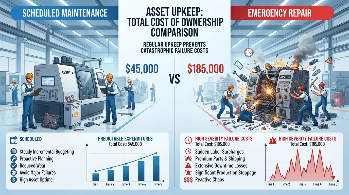 Infographic comparing the real costs of maintenance versus unexpected repairs, illustrating financial savings over time.