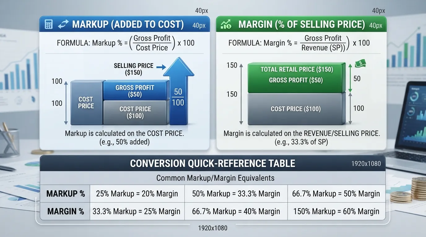 A financial infographic comparing markup versus margin percentages, showing formulas, calculations, and the difference between cost of goods sold and retail selling price.