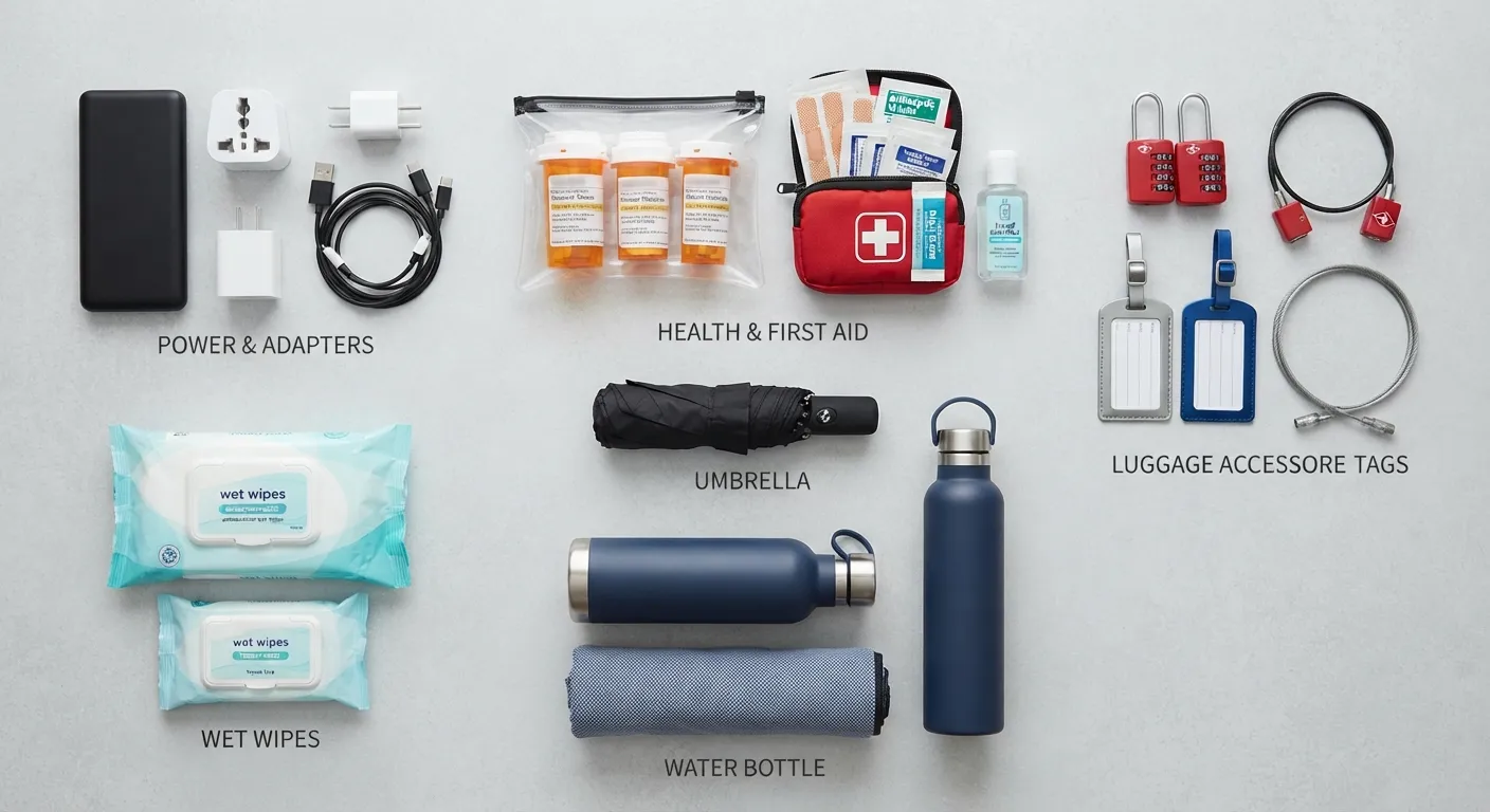 Flat lay of commonly forgotten travel accessories including a universal travel adapter, luggage tags, medications, and a reusable water bottle on a neutral surface.