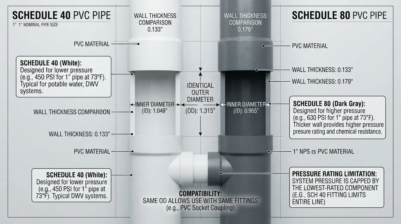 Cross-section comparison of Schedule 40 and Schedule 80 PVC pipes showing different wall thicknesses and inner diameters with identical outer diameters.