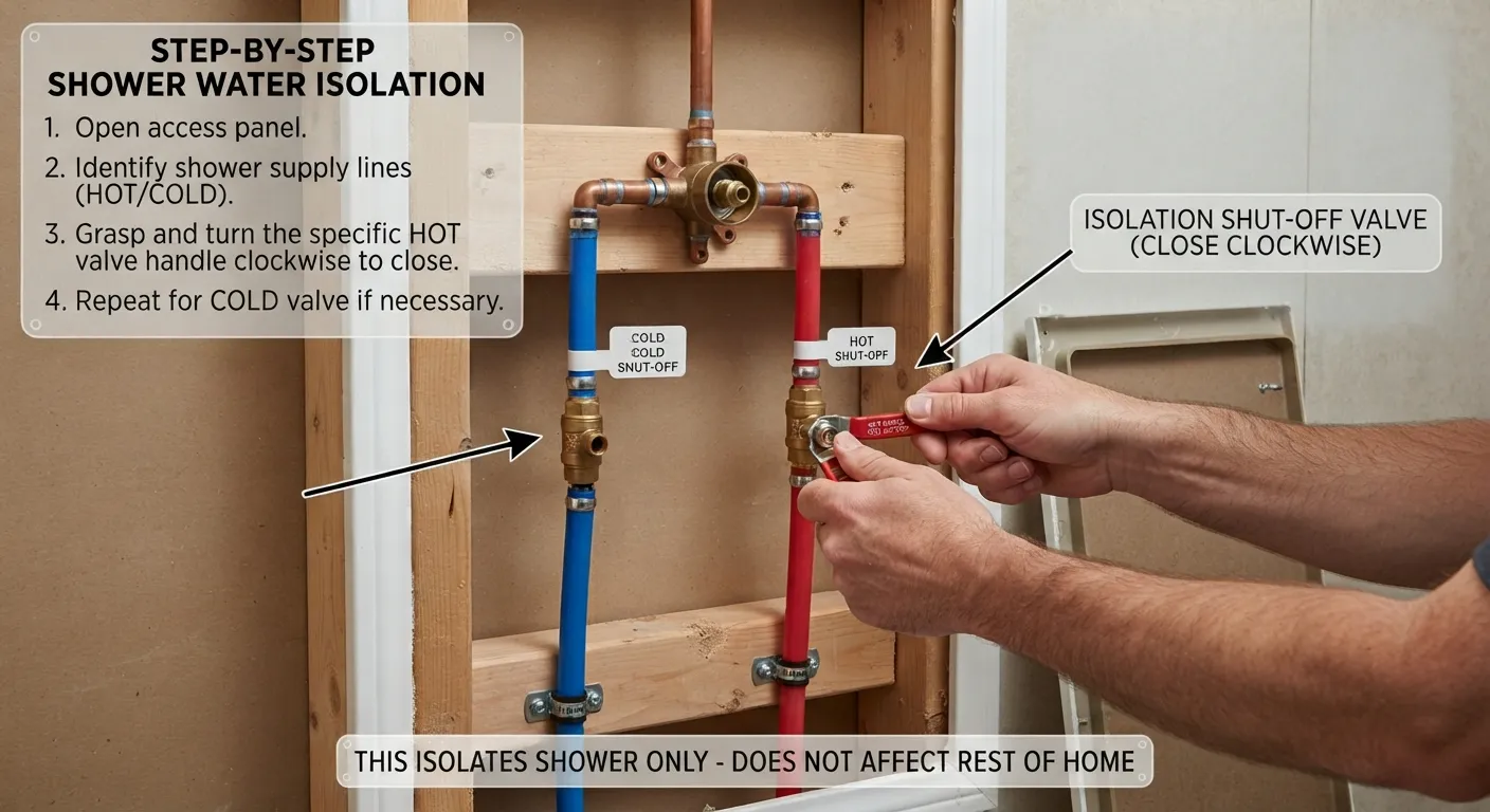 Plumber's hands using a wrench to close the water shut-off valve located behind a mobile home shower access panel.