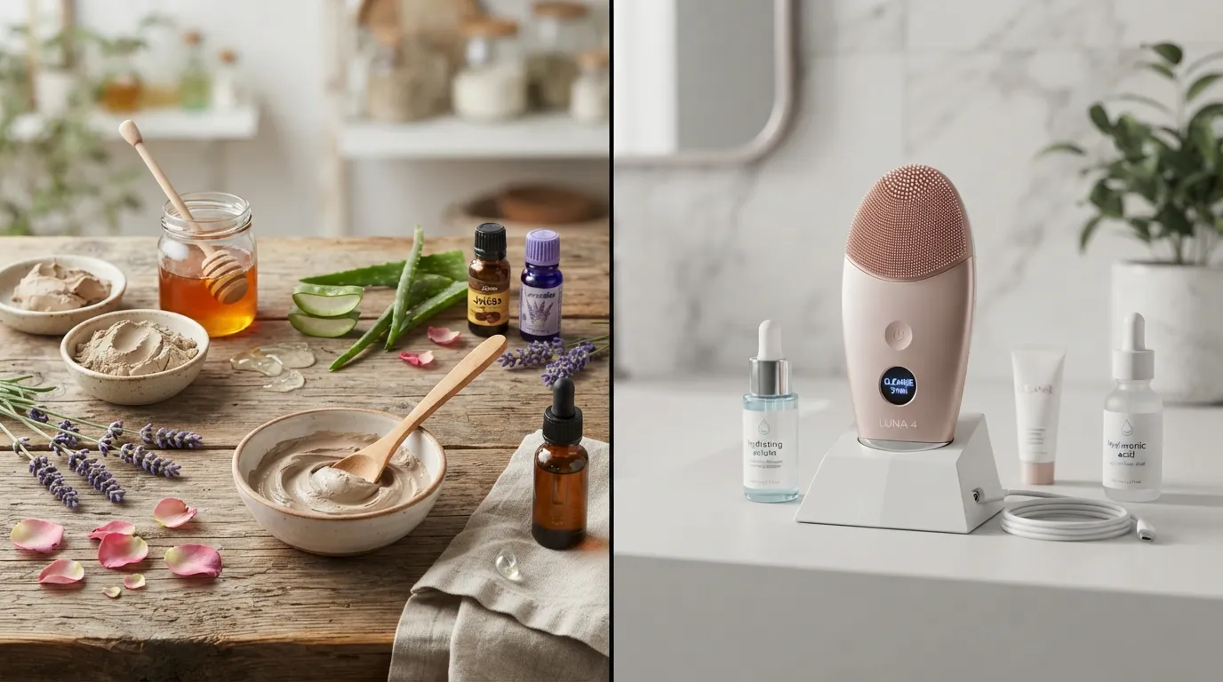 Side-by-side comparison of a natural DIY skincare method using bowls and ingredients next to an advanced electronic beauty device.