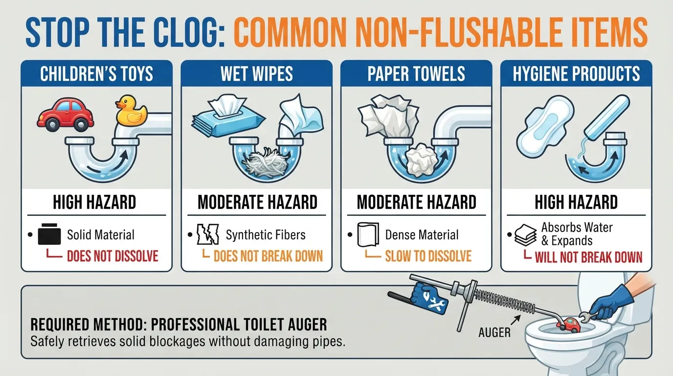 Infographic illustrating various common household objects causing toilet clogs, such as toys, wipes, and feminine products, alongside a plumbing snake tool.
