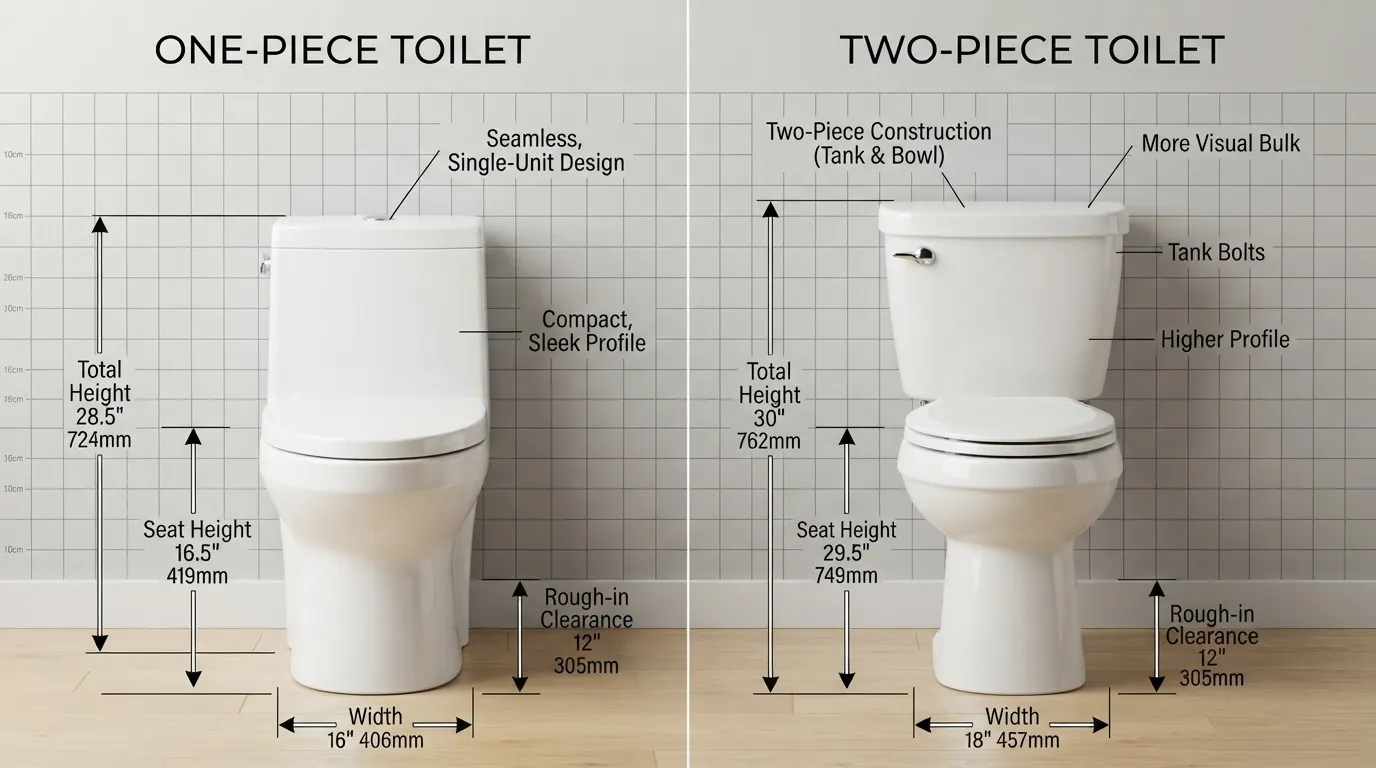 Side-by-side comparison of a sleek one-piece toilet and a traditional two-piece toilet, highlighting differences in height, tank-to-bowl integration, and overall bathroom footprint size.