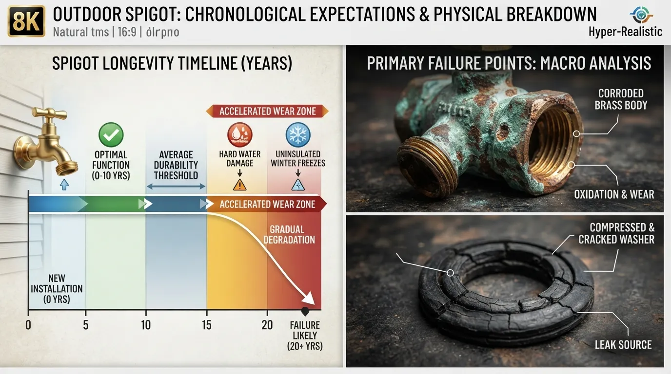 Infographic chart comparing outdoor spigot lifespan expectancy alongside close-up photos of brass valve corrosion and worn-out washers.