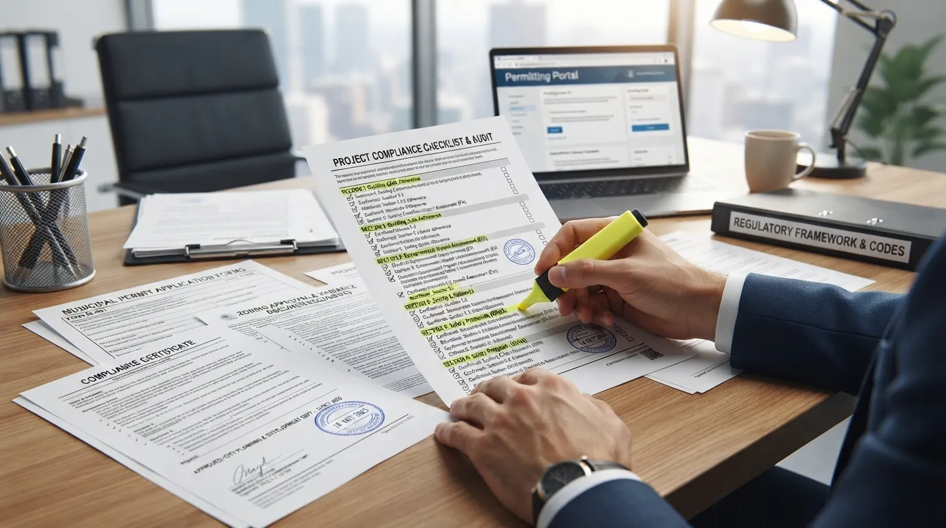 A neatly organized checklist on a wooden desk featuring official building permits, compliance documents, and a pen, highlighting legal requirements to avoid project fines.