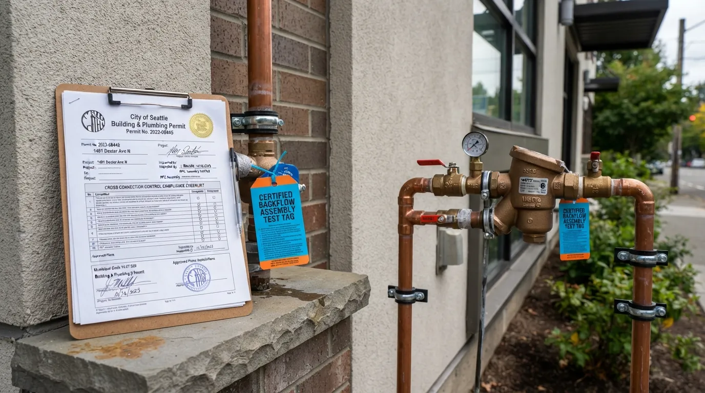A professional plumber inspecting a residential backflow prevention assembly next to a building permit document, illustrating compliance with local plumbing codes.