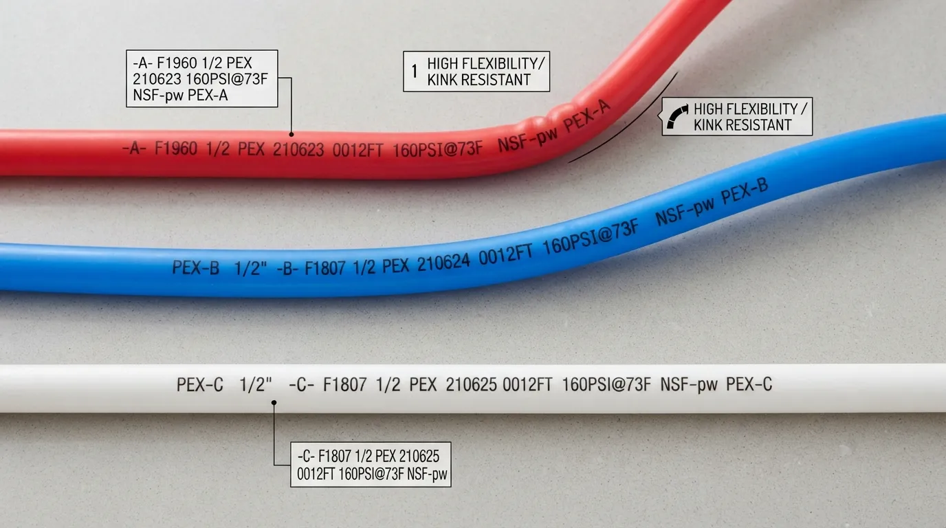 Side-by-side comparison of PEX-A, PEX-B, and PEX-C water supply tubing highlighting physical flexibility and printed pipe identification labels.
