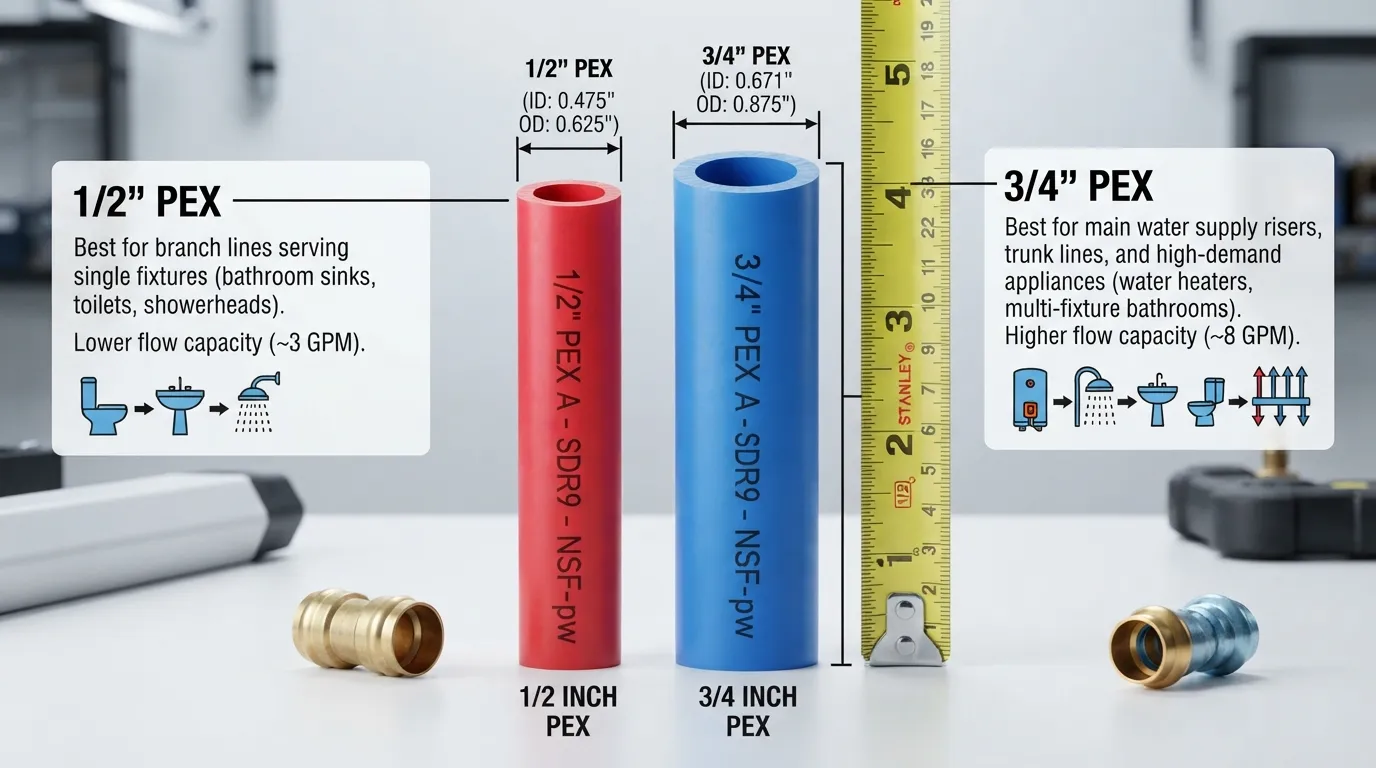 Comparison of 1/2 inch and 3/4 inch PEX pipes showing diameter differences and ideal residential plumbing applications.