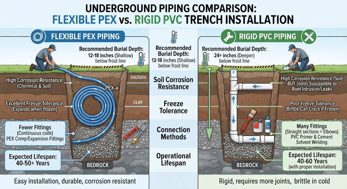 Side-by-side comparison of underground PEX and PVC pipes in a trench showing burial depth and material durability.