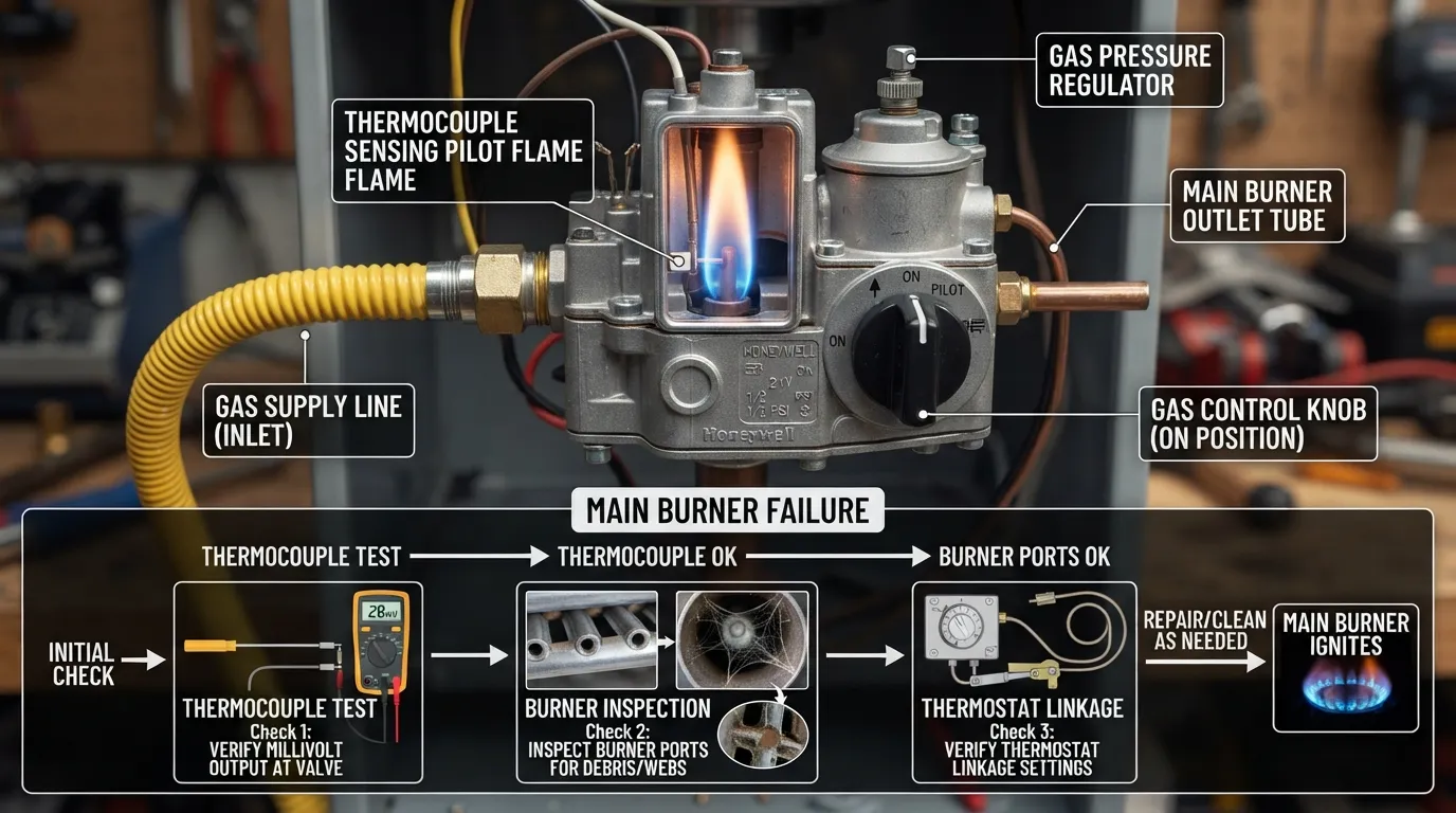 A close-up view of a gas water heater control valve with the pilot light lit, illustrating a scenario where the main burner fails to ignite despite a working pilot.