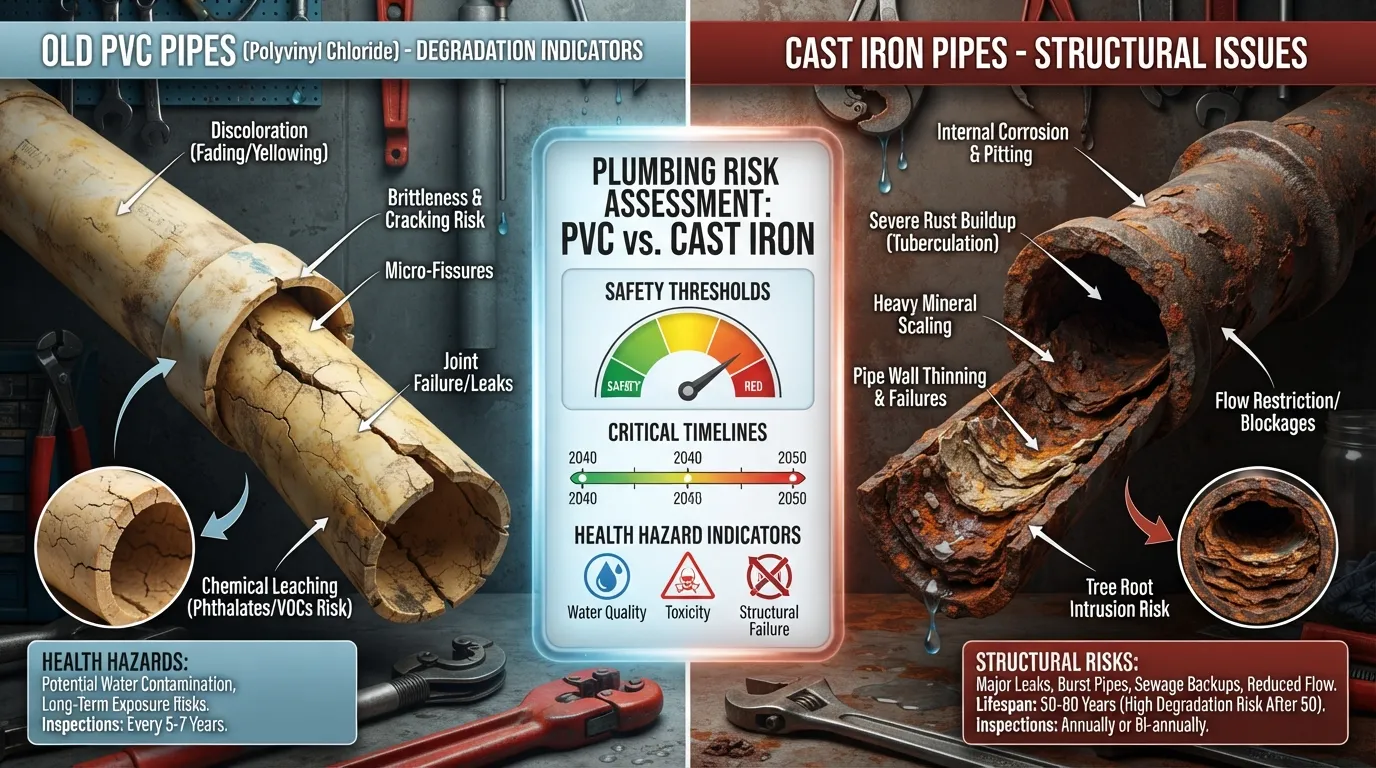 Comparison infographic detailing pipe material safety for old PVC pipes and cast iron plumbing systems.