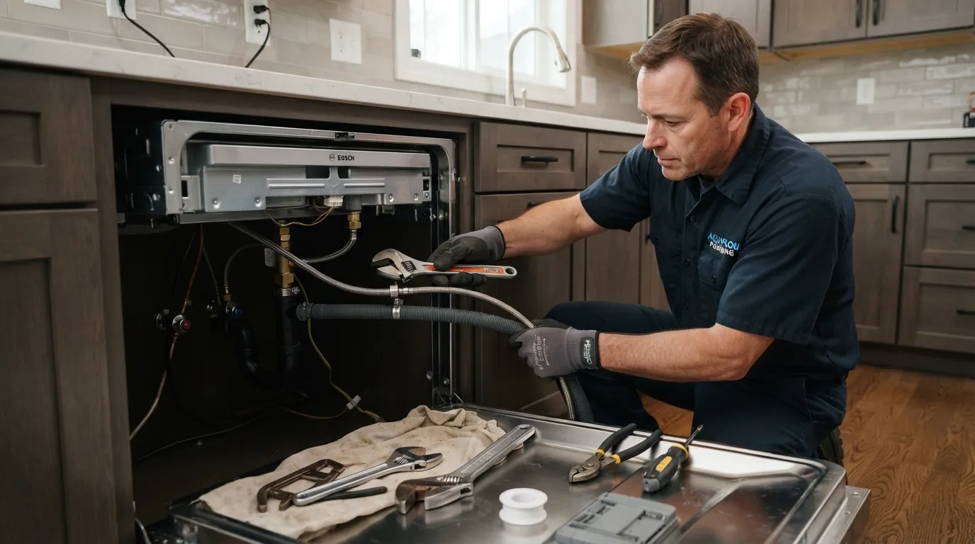 A professional plumber connecting water supply and drainage lines under a kitchen counter during a dishwasher installation.