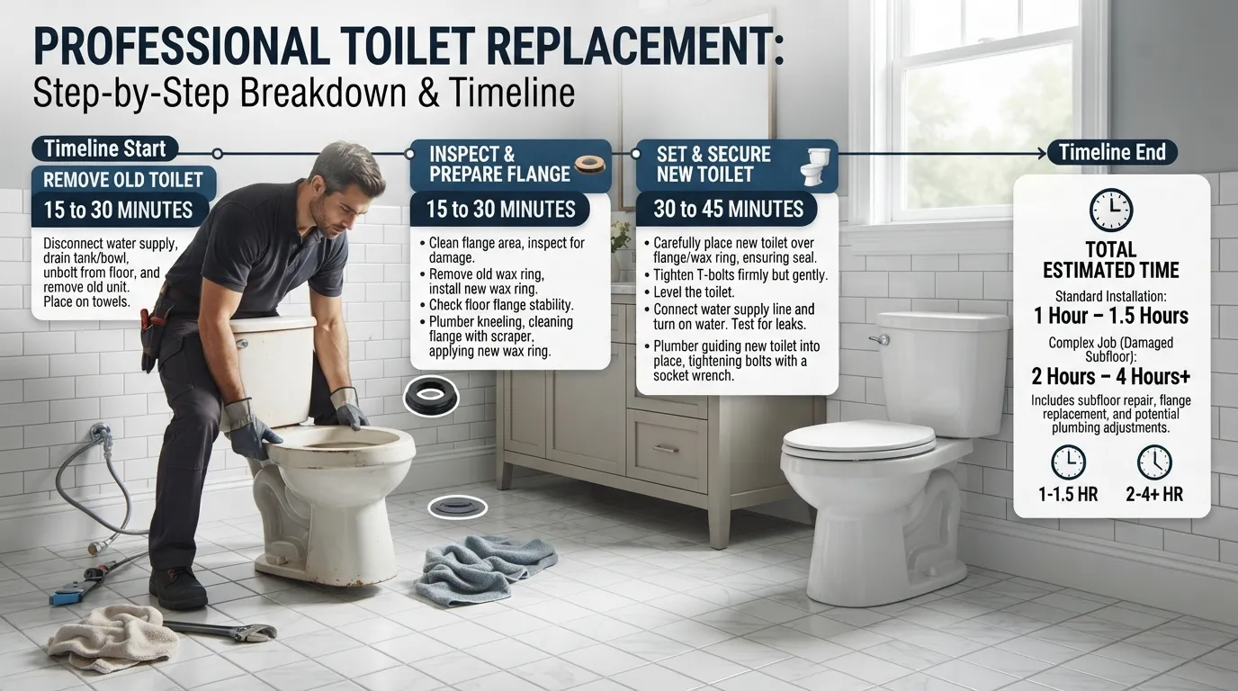 A plumber installing a new toilet in a bathroom, demonstrating the steps and time required for a standard toilet replacement.