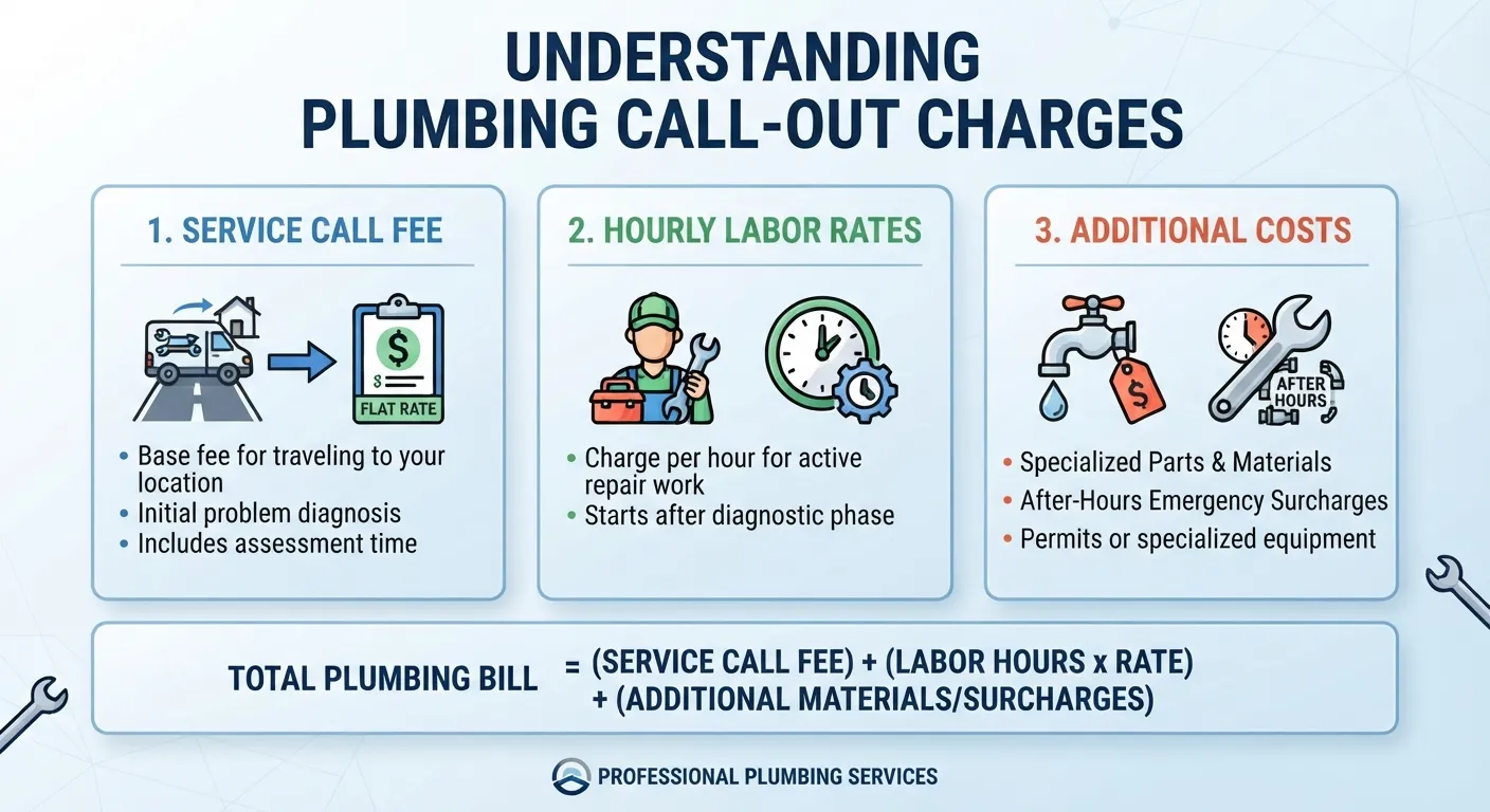 An infographic or breakdown showing a plumber's service call fee, diagnosis charges, and hourly labor rates itemized on a transparent invoice.