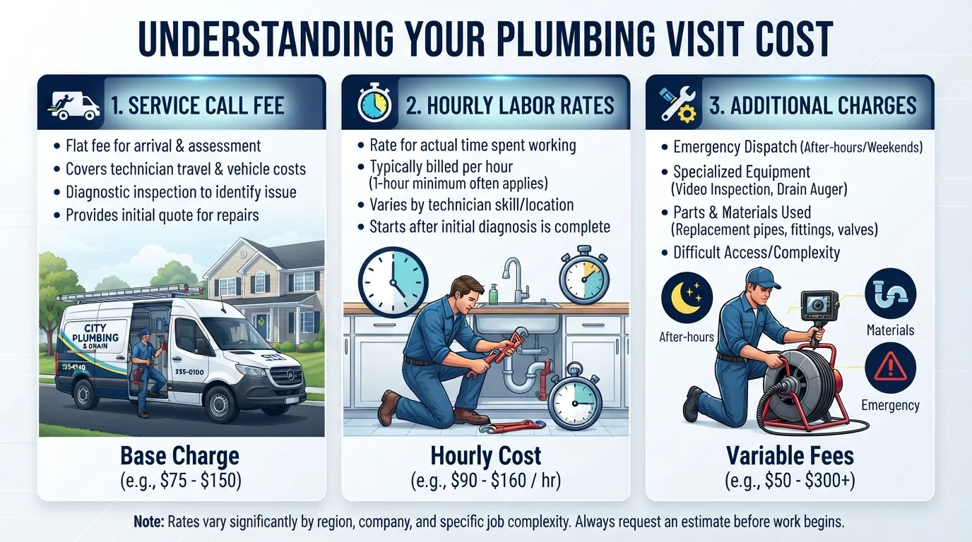 Infographic breaking down plumber service call fees, hourly labor rates, and hidden call-out charges.