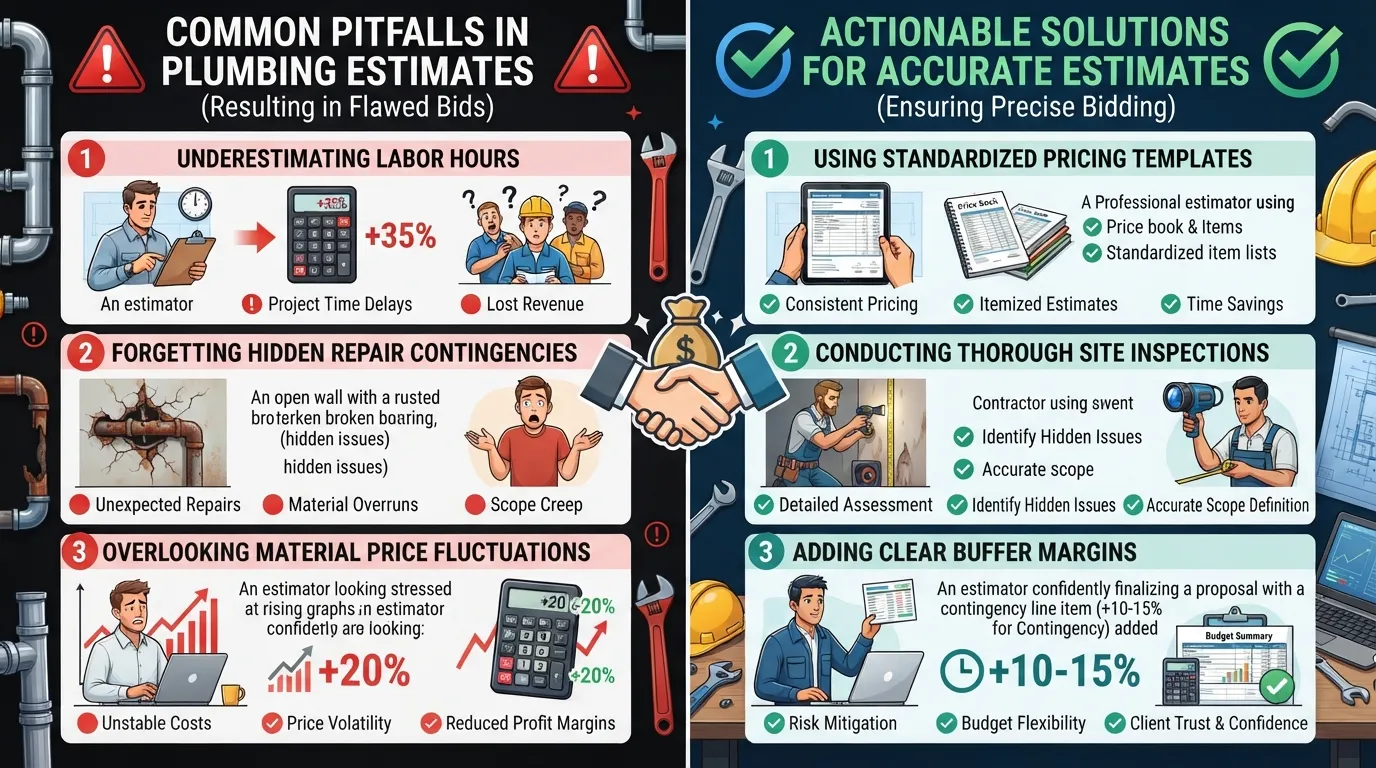 A professional contractor reviewing a plumbing estimate document and blueprint, highlighting common estimating errors and prevention tips.