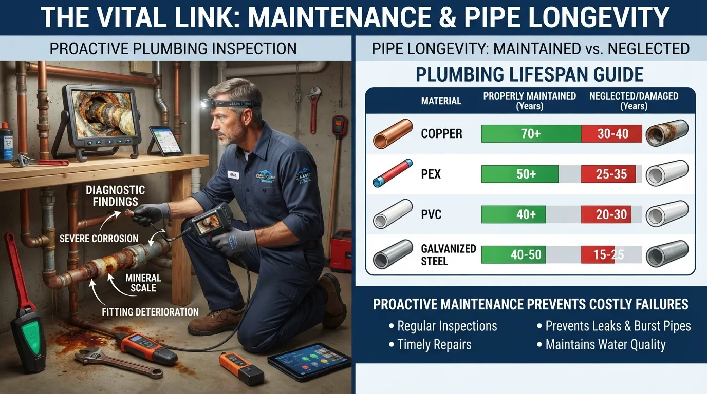 Cross-section comparison of various home plumbing pipes showing wear levels and maintenance status alongside a pipe lifespan reference chart.