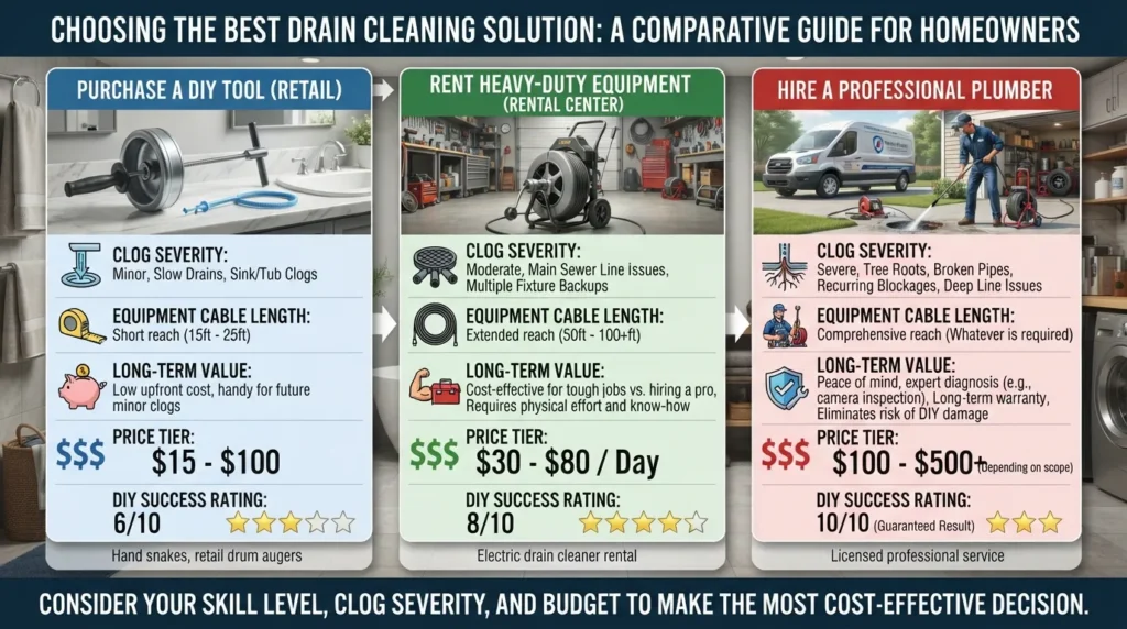 Infographic comparing plumbing snake purchase prices, equipment rental rates, and professional plumber service costs