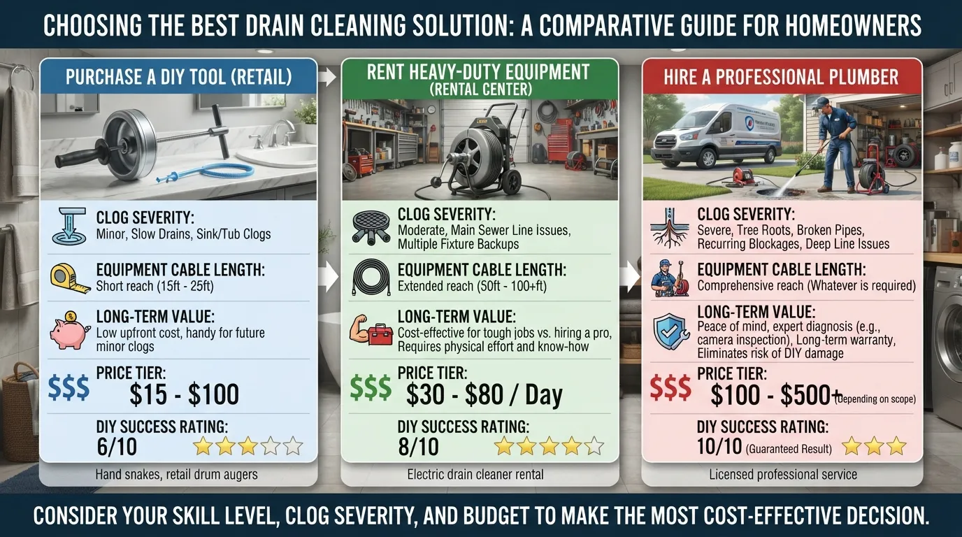 Infographic comparing plumbing snake purchase prices, equipment rental rates, and professional plumber service costs