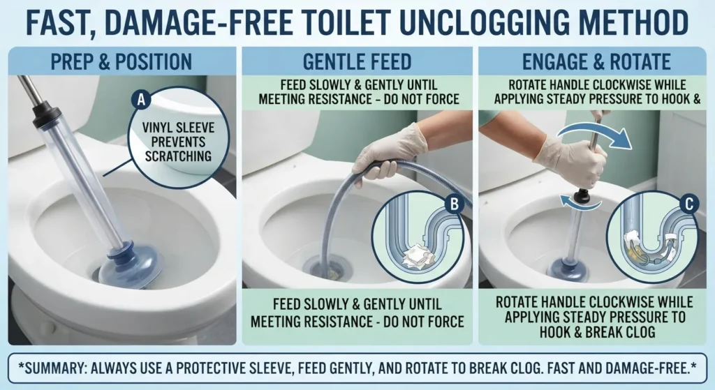 A person carefully inserting a protective-coated plumbing snake into a residential toilet bowl to clear a clog safely without scratching the porcelain.