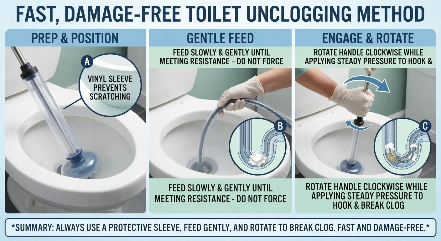 A person carefully inserting a protective-coated plumbing snake into a residential toilet bowl to clear a clog safely without scratching the porcelain.