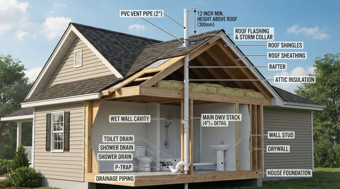 Diagram showing a residential roof with a highlighted plumbing vent pipe protruding vertically near the roofline.