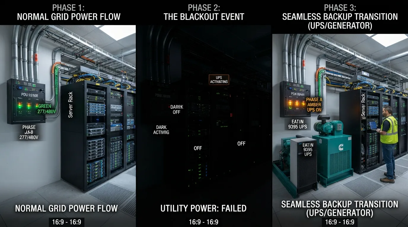A backup generator automatically activating to supply electricity to a home electrical panel during a sudden power outage.