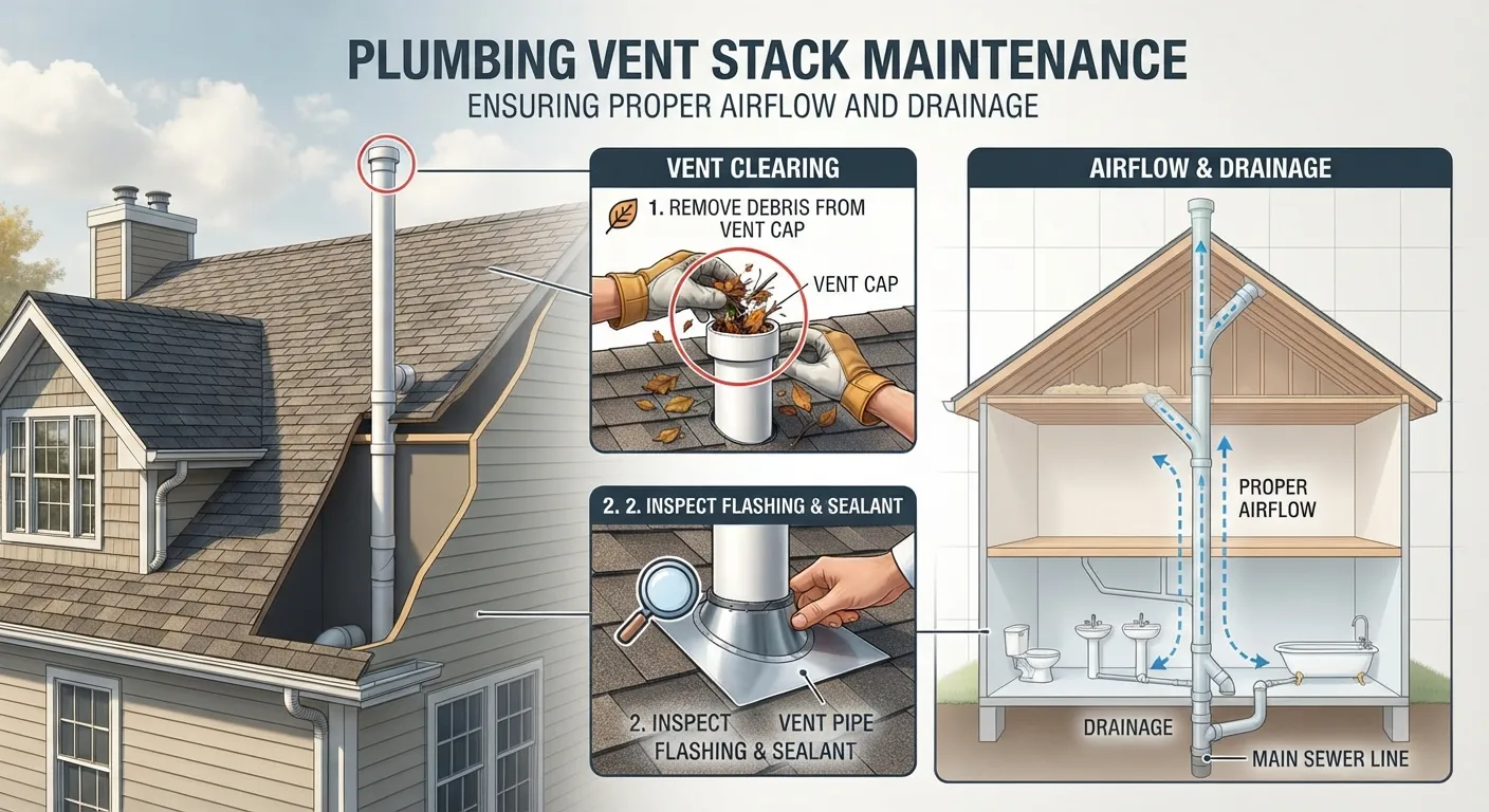 Cross-section diagram of a residential plumbing vent stack showing regular maintenance steps, including clearing roof vent caps of debris and flushing pipes to prevent clogs.