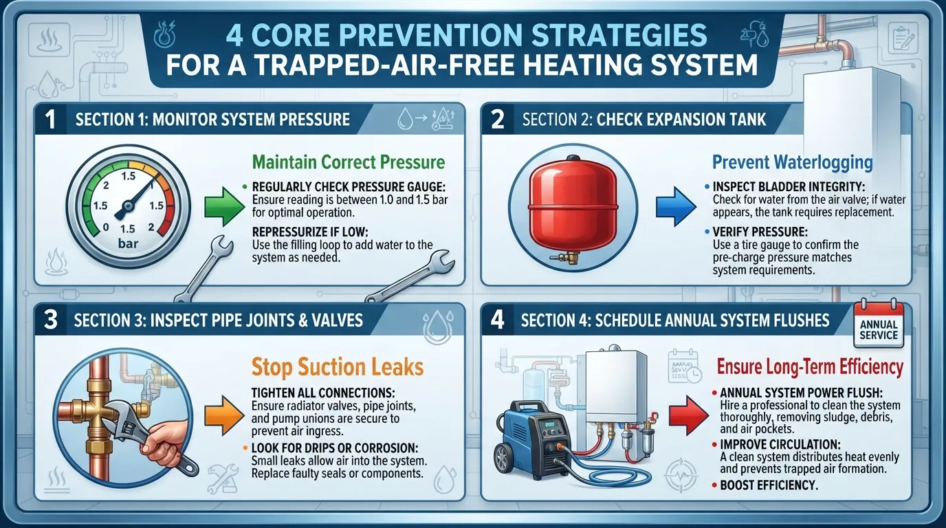 Infographic illustrating step-by-step prevention tips to stop air from getting trapped again in home heating systems and radiators.