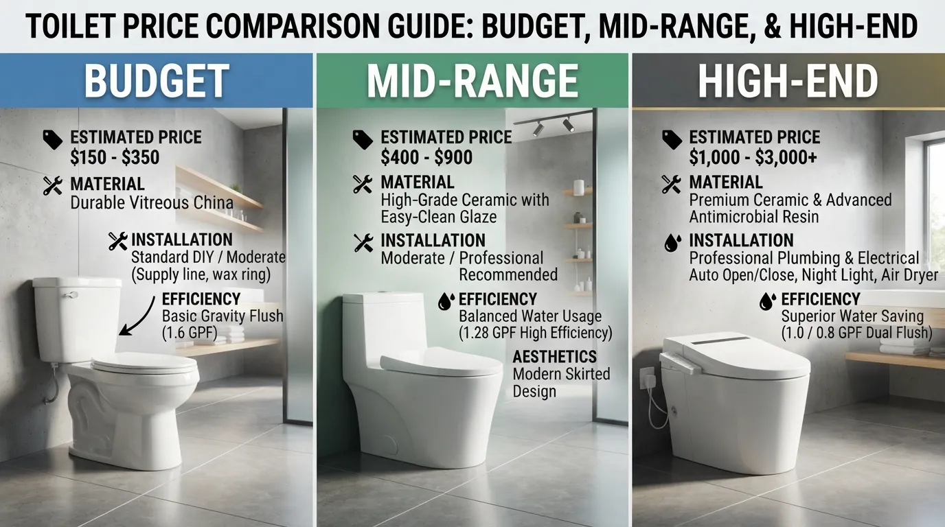 Infographic chart comparing different toilet models categorized by budget tiers, from budget-friendly two-piece toilets to high-end smart toilets.