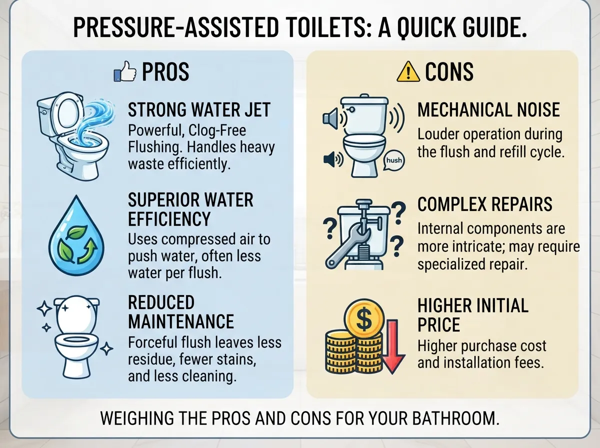 Infographic comparison table showing the pros and cons of pressure-assisted toilets versus gravity-feed toilets in a modern bathroom setting.