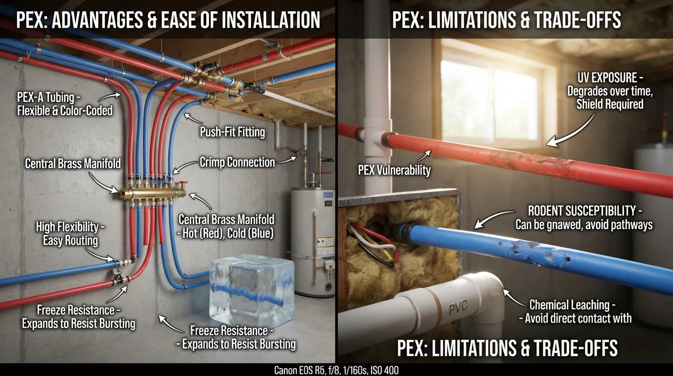 Close-up photo of a clean PEX plumbing installation with red and blue pipes connected to a manifold in a residential basement.