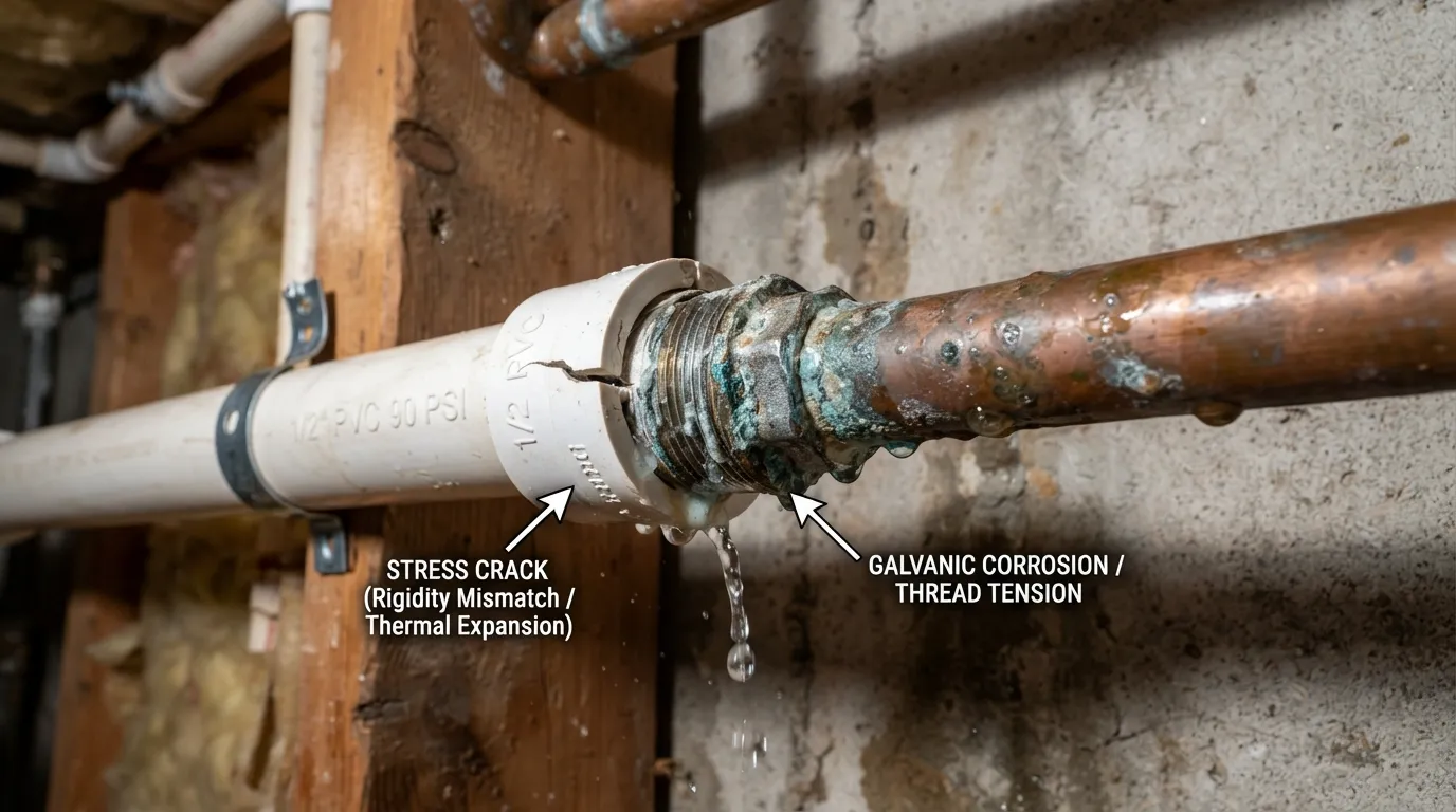 Close-up photograph of a plumbing connection showing a PVC pipe fitting directly threaded to a copper pipe, highlighting stress points and material incompatibility.