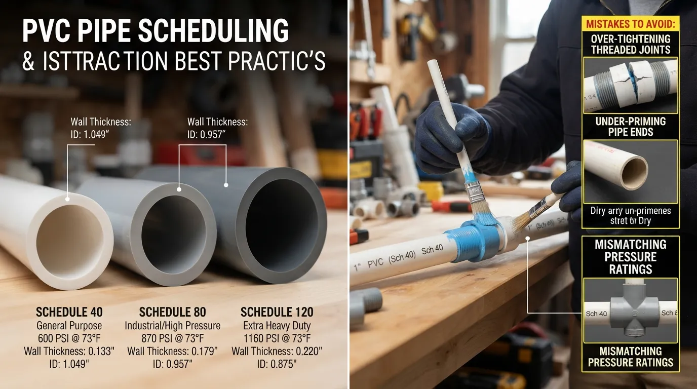 Close-up comparison of different PVC pipe schedules showing wall thickness differences, alongside a plumber avoiding common installation mistakes.