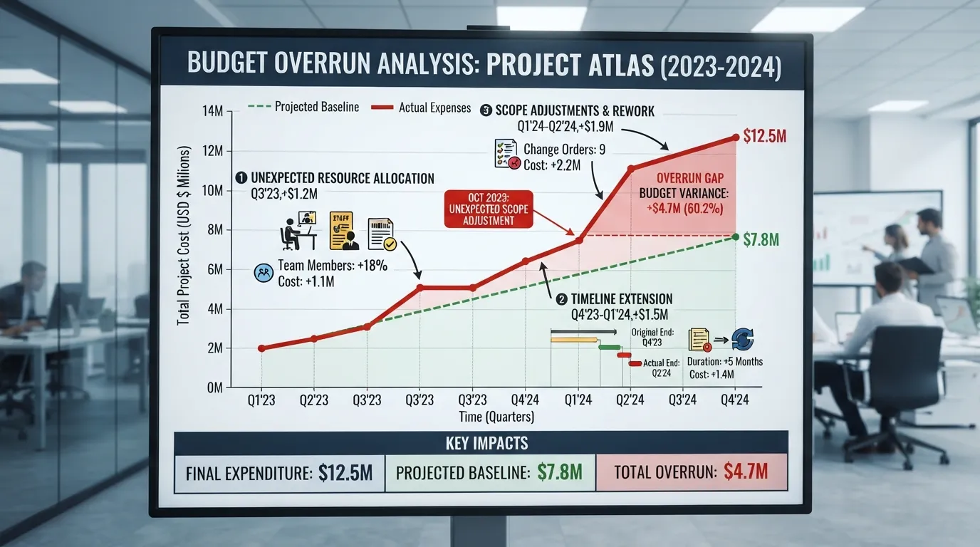 Line graph showing a real-world example of project expenses exceeding the projected average budget over time.