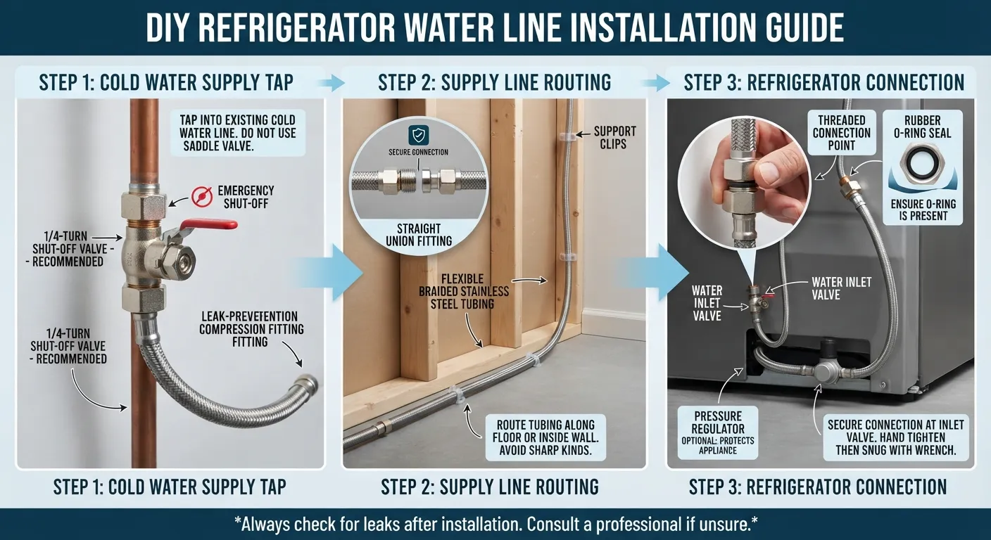 Step-by-step DIY installation of a refrigerator water line, showing a copper supply pipe connected to a shut-off valve behind a kitchen fridge.