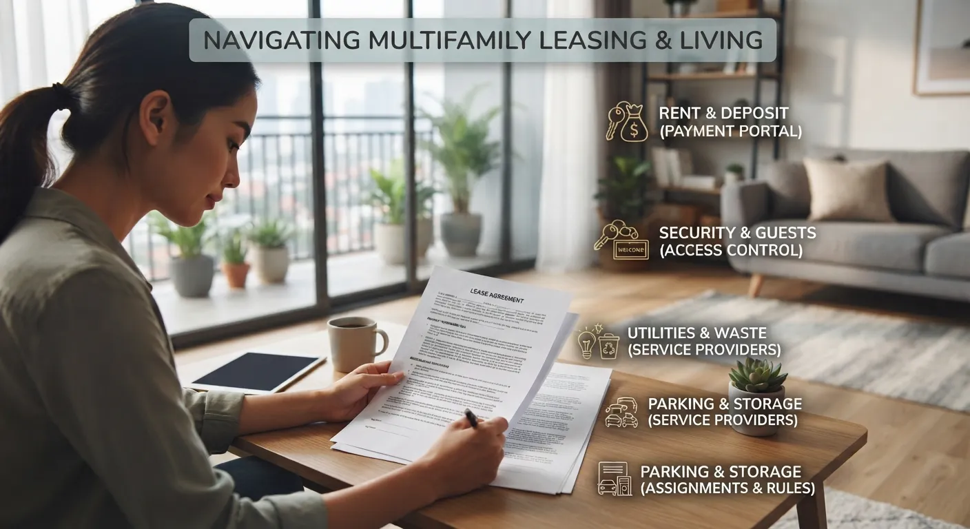 A renter reviewing lease agreements and security guidelines inside a modern apartment living room.
