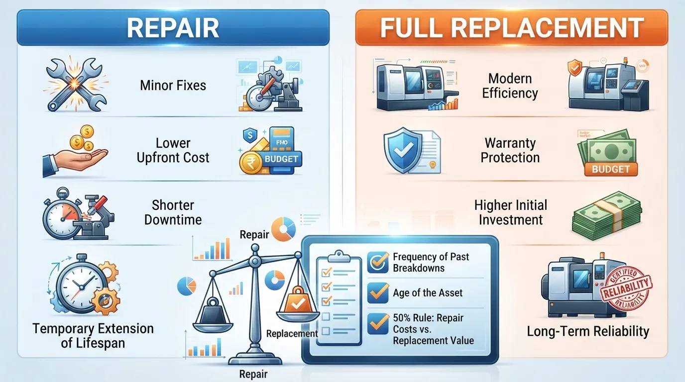 Side-by-side comparison infographic showing a worn item being repaired with tools versus a brand-new full replacement unit, highlighting key decision factors.