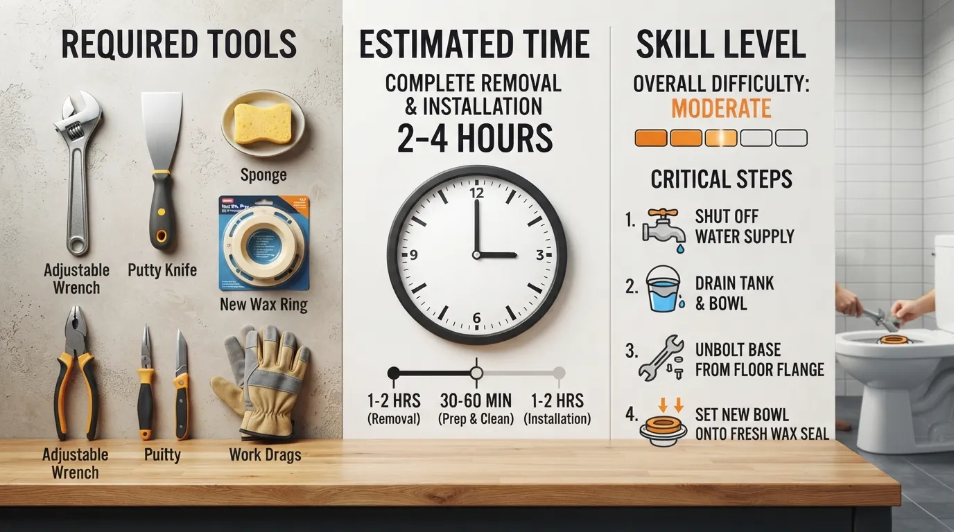 Infographic chart outlining the steps and difficulty breakdown for replacing a toilet, showing plumbing tools and skill level required.