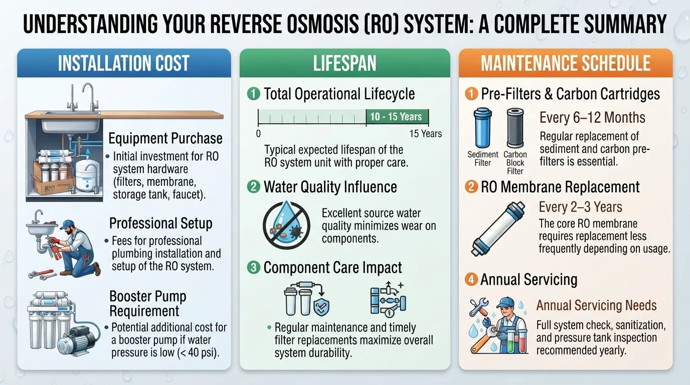 Infographic detailing reverse osmosis (RO) system setup expenses, average 10-15 year lifespan, and scheduled filter maintenance requirements.