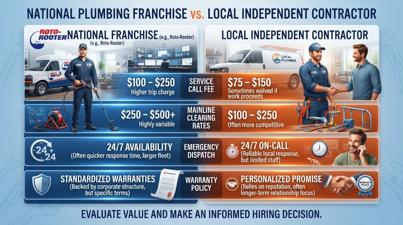 Comparison chart displaying pricing structures, service call fees, and emergency rates between a national plumbing franchise like Roto-Rooter and local independent plumbers.