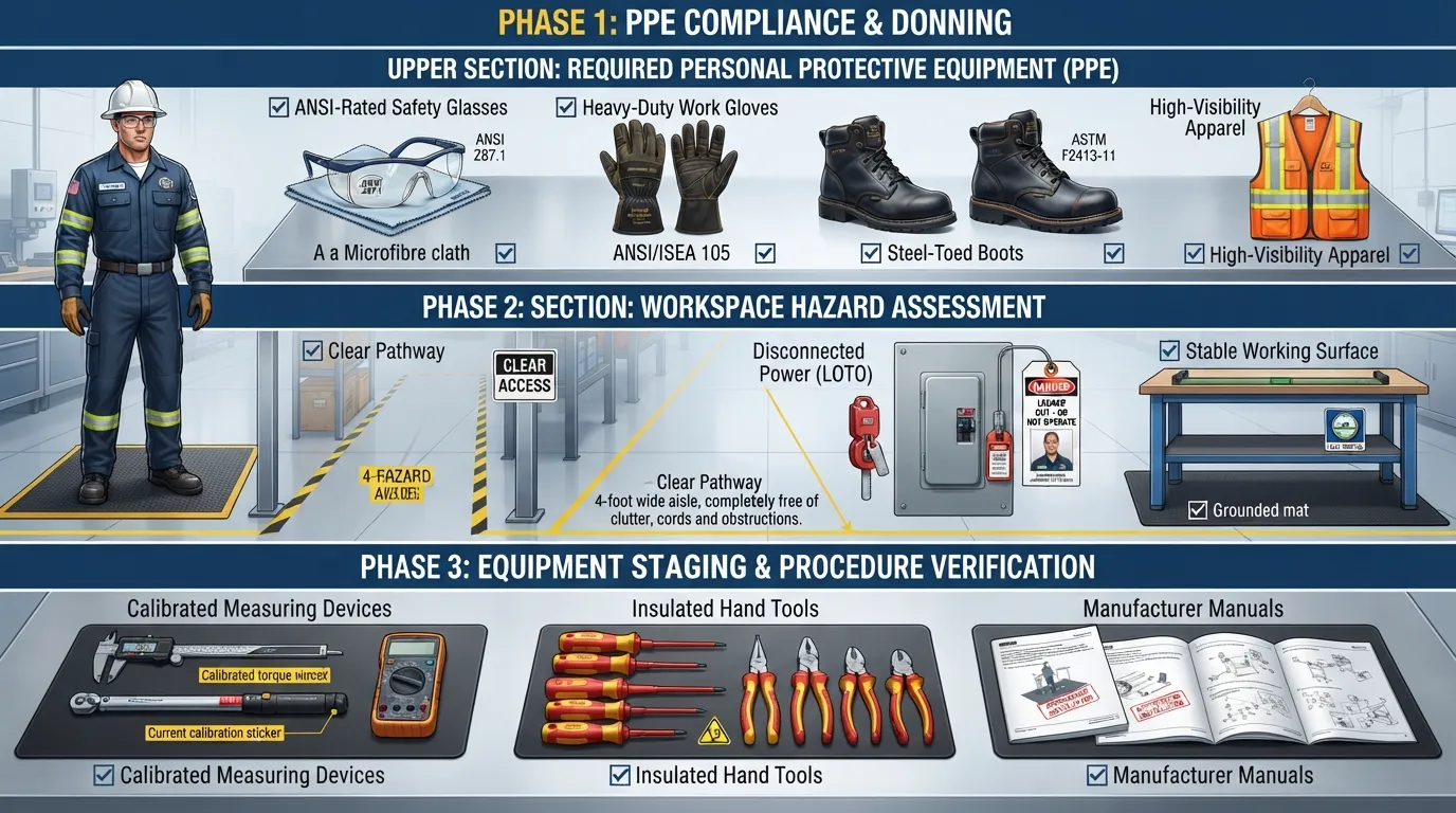 A technician wearing personal protective equipment (PPE) including safety glasses and gloves, inspecting a workspace and laying out required tools prior to an equipment installation.