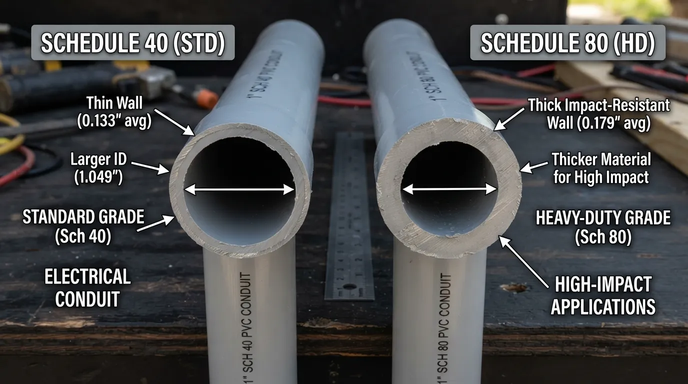 Side-by-side comparison of Schedule 40 and Schedule 80 grey PVC electrical conduits highlighting wall thickness and structural differences.
